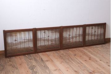 和製アンティーク　古い木の組子ガラス戸4枚セット(窓・明り取り)