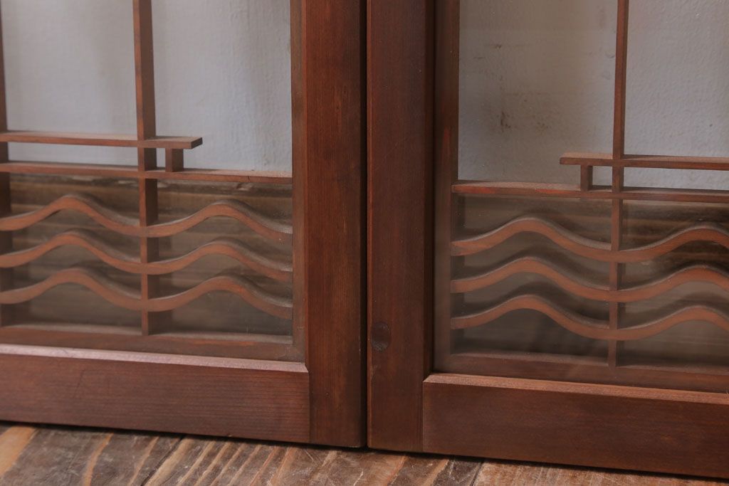 和製アンティーク　古い木の組子ガラス戸4枚セット(窓・明り取り)