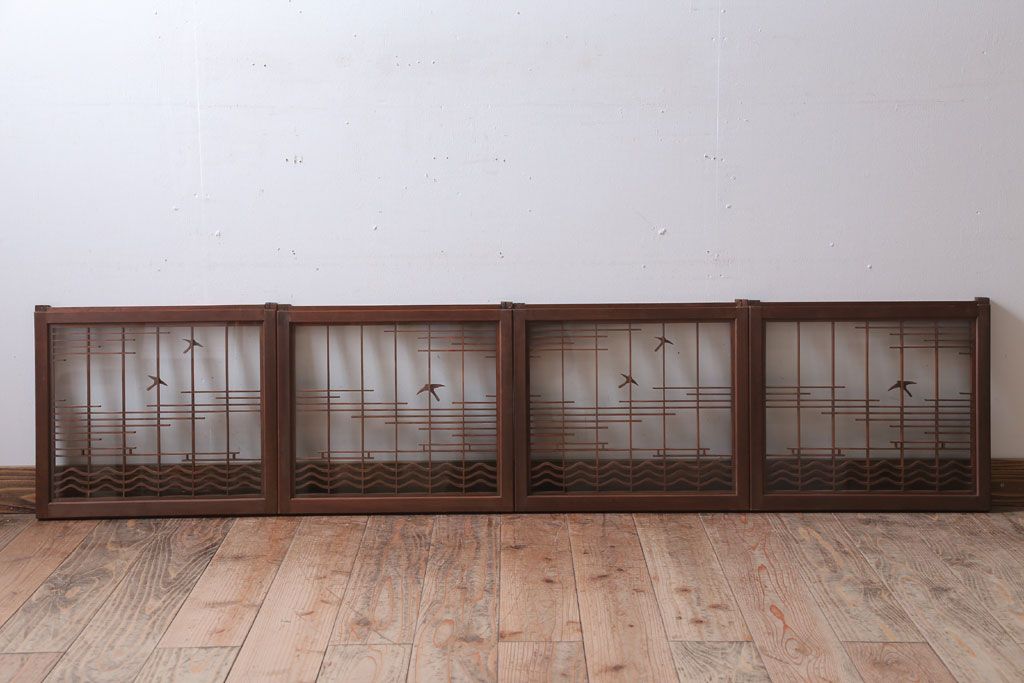 和製アンティーク　古い木の組子ガラス戸4枚セット(窓・明り取り)