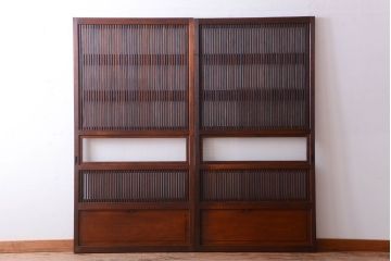 古民具・骨董　裏ガラス入り!腰板欅材のモールガラス帯格子戸2枚セット(1)