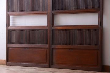 古民具・骨董　裏ガラス入り!腰板欅材のモールガラス帯格子戸2枚セット(1)