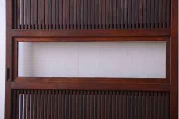 古民具・骨董　裏ガラス入り!腰板欅材のモールガラス帯格子戸2枚セット(1)