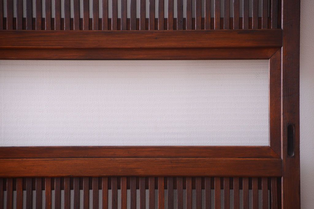 古民具・骨董　裏ガラス入り!腰板欅材のモールガラス帯格子戸2枚セット(1)