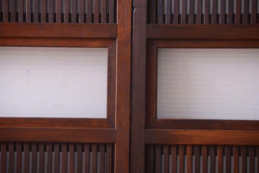 古民具・骨董　裏ガラス入り!腰板欅材のモールガラス帯格子戸2枚セット(1)