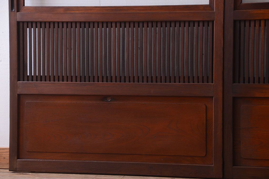 古民具・骨董　裏ガラス入り!腰板欅材のモールガラス帯格子戸2枚セット(1)