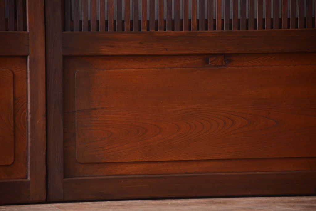 古民具・骨董　裏ガラス入り!腰板欅材のモールガラス帯格子戸2枚セット(1)