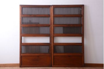 古民具・骨董　裏ガラス入り!腰板欅材のモールガラス帯格子戸2枚セット(1)