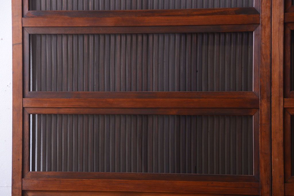 古民具・骨董　裏ガラス入り!腰板欅材のモールガラス帯格子戸2枚セット(1)