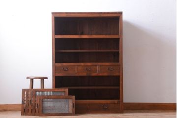 アンティーク家具　和製アンティーク　結霜ガラス入り!古い木製の水屋箪笥(収納棚・食器棚)