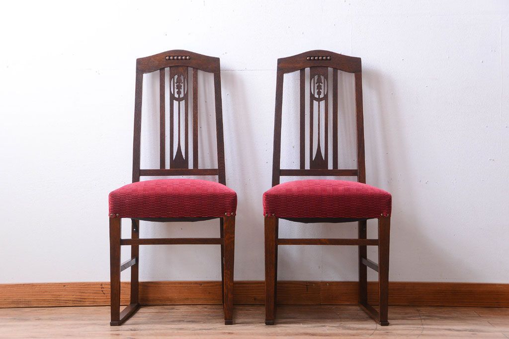 アンティーク家具　大正ロマン　古いナラ材のアンティークチェア2脚セット(椅子)