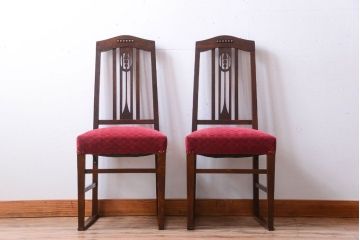 アンティーク家具　大正ロマン　古いナラ材のアンティークチェア2脚セット(椅子)