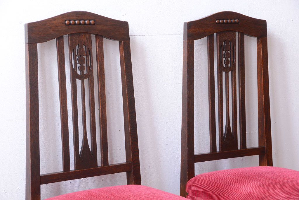 アンティーク家具　大正ロマン　古いナラ材のアンティークチェア2脚セット(椅子)