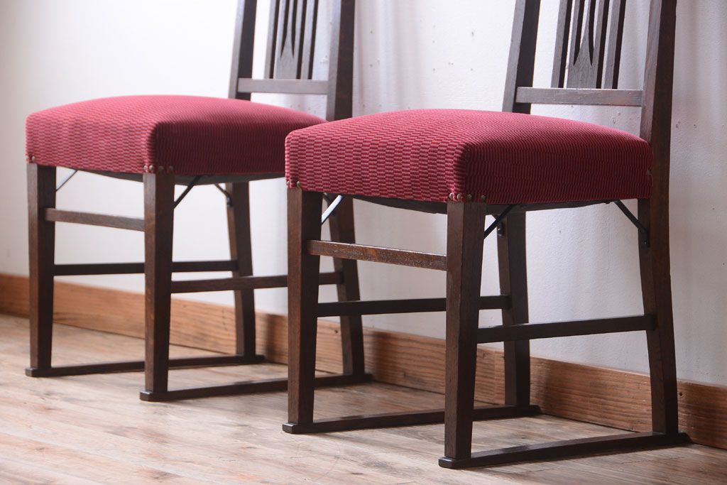 アンティーク家具　大正ロマン　古いナラ材のアンティークチェア2脚セット(椅子)