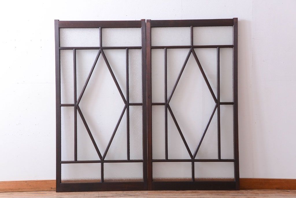 大正ロマン　ダイヤガラスと結霜ガラス入り!アンティーク引き戸2枚セット(窓)(1)