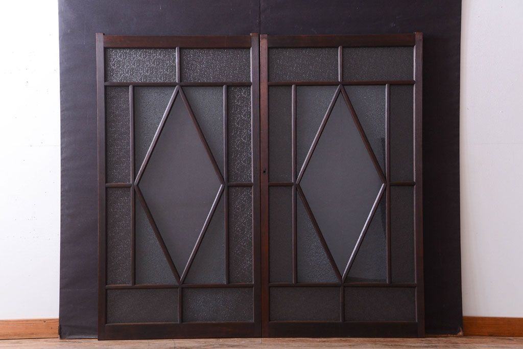 大正ロマン　ダイヤガラスと結霜ガラス入り!アンティーク引き戸2枚セット(窓)(1)
