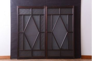大正ロマン　ダイヤガラスと結霜ガラス入り!アンティーク引き戸2枚セット(窓)(1)