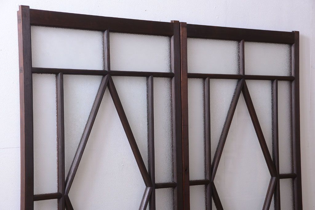 大正ロマン　ダイヤガラスと結霜ガラス入り!アンティーク引き戸2枚セット(窓)(1)