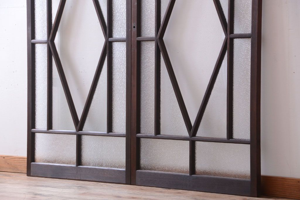 大正ロマン　ダイヤガラスと結霜ガラス入り!アンティーク引き戸2枚セット(窓)(1)