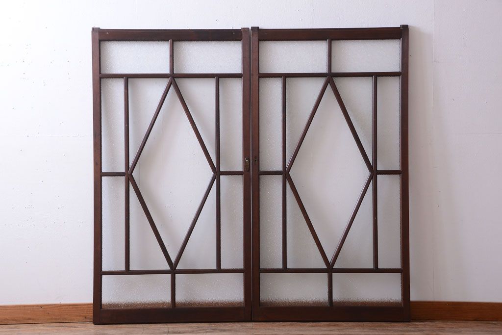 大正ロマン　ダイヤガラスと結霜ガラス入り!アンティーク引き戸2枚セット(窓)(1)