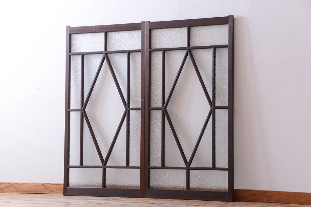 大正ロマン　ダイヤガラスと結霜ガラス入り!アンティーク引き戸2枚セット(窓)(2)