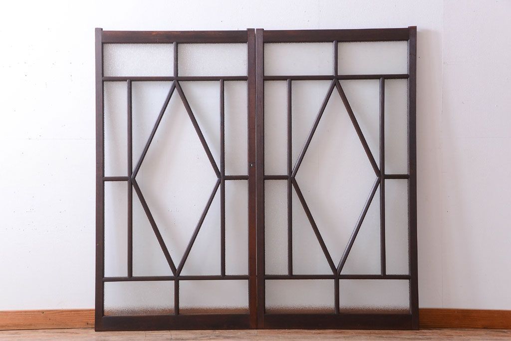 大正ロマン　ダイヤガラスと結霜ガラス入り!アンティーク引き戸2枚セット(窓)(2)