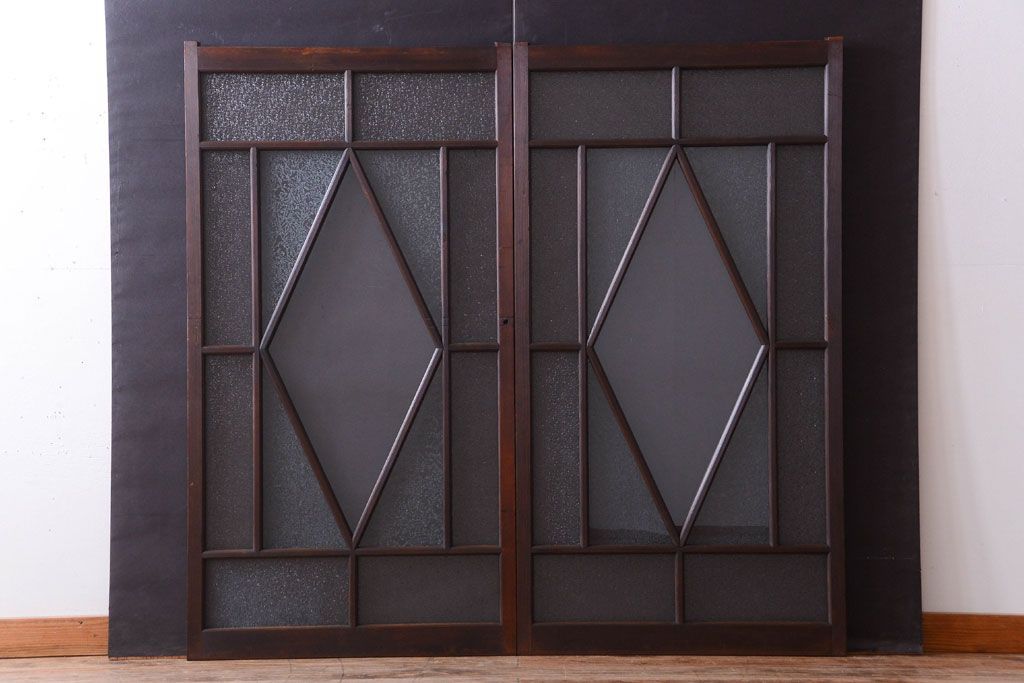 大正ロマン　ダイヤガラスと結霜ガラス入り!アンティーク引き戸2枚セット(窓)(2)