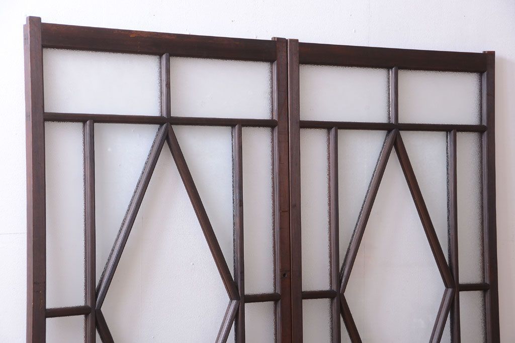 大正ロマン　ダイヤガラスと結霜ガラス入り!アンティーク引き戸2枚セット(窓)(2)