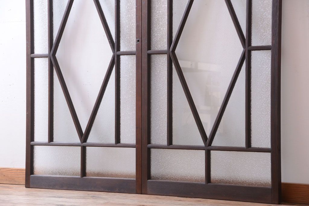 大正ロマン　ダイヤガラスと結霜ガラス入り!アンティーク引き戸2枚セット(窓)(2)