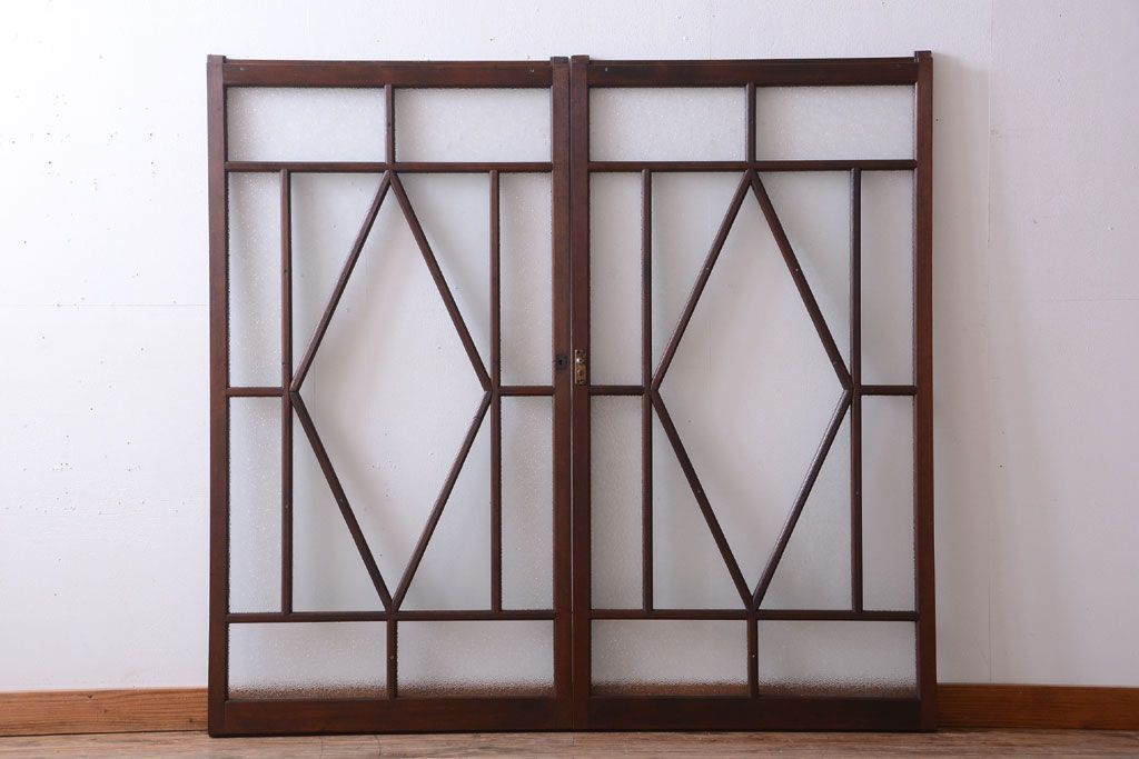 大正ロマン　ダイヤガラスと結霜ガラス入り!アンティーク引き戸2枚セット(窓)(2)