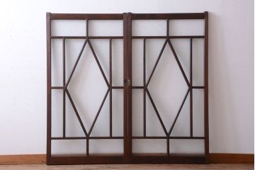 大正ロマン　ダイヤガラスと結霜ガラス入り!アンティーク引き戸2枚セット(窓)(2)