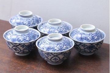 アンティーク雑貨　アンティーク　明治〜大正　染付蓋茶碗5客(1)