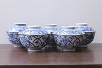 アンティーク雑貨　アンティーク　明治〜大正　染付蓋茶碗5客(1)