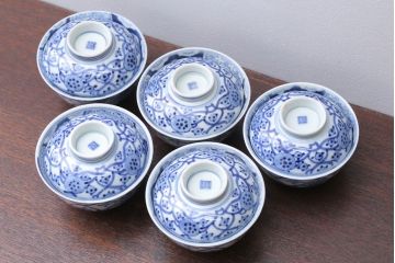 アンティーク雑貨　アンティーク　明治〜大正　染付蓋茶碗5客(1)
