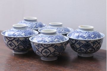 アンティーク雑貨　アンティーク　明治〜大正　染付蓋茶碗5客(1)