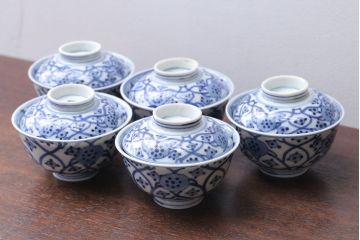 アンティーク雑貨　アンティーク　明治〜大正　染付蓋茶碗5客(2)