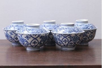 アンティーク雑貨　アンティーク　明治〜大正　染付蓋茶碗5客(2)