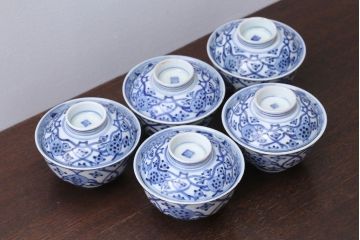 アンティーク雑貨　アンティーク　明治〜大正　染付蓋茶碗5客(2)