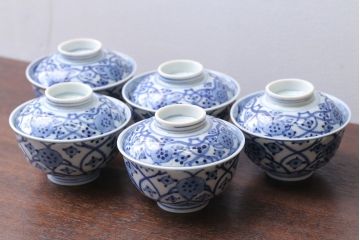 アンティーク雑貨　明治〜大正　染付蓋茶碗5客(3)