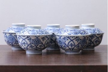 アンティーク雑貨　明治〜大正　染付蓋茶碗5客(3)