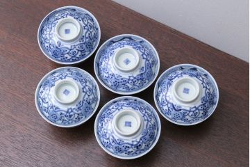 アンティーク雑貨　明治〜大正　染付蓋茶碗5客(3)