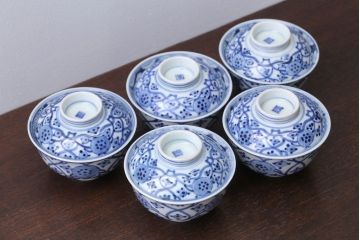 アンティーク雑貨　明治〜大正　染付蓋茶碗5客(3)