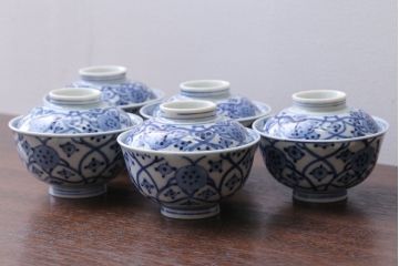 アンティーク雑貨　明治〜大正　染付蓋茶碗5客(3)