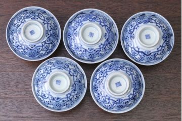 アンティーク雑貨　明治〜大正　染付蓋茶碗5客(3)