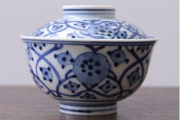 アンティーク雑貨　明治〜大正　染付蓋茶碗5客(3)