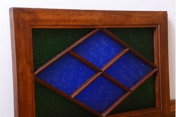 大正ロマン　当時物色ガラス!総欅材のアンティーク明り取り(1)