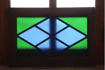 大正ロマン　当時物色ガラス!総欅材のアンティーク明り取り(1)