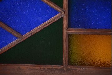 大正ロマン　当時物色ガラス!総欅材のアンティーク明り取り(3)