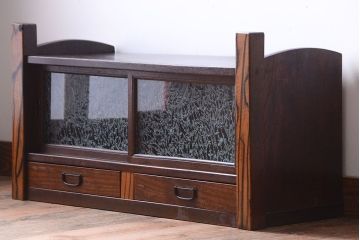 アンティーク家具　和製アンティーク　黒柿・欅材!結霜ガラス引き戸の置床(置き床)