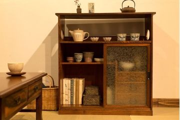 アンティーク家具　和製アンティーク　結霜ガラス入り!栓材の茶箪笥