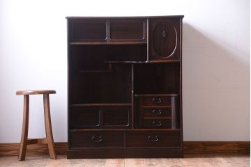 アンティーク家具　古民具・骨董　縞黒檀材のアンティーク茶棚(茶箪笥)